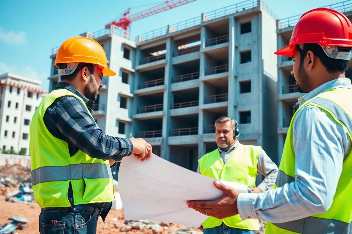 Aashraya engineers reviewing construction drawings at a Tumkur site